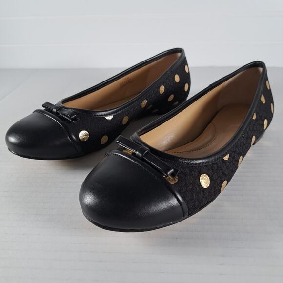Talbots Blair Cap Toe Ballet Flats Womens 7.5 Black Gold Foil Dot Jacquard Shoes - Picture 3 of 14